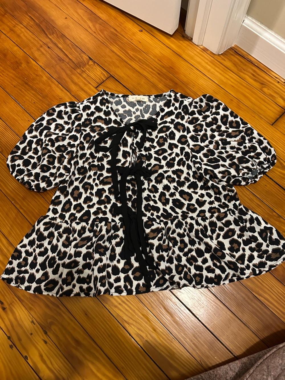 Leopard Print Tie-Front Blouse in Black, White & Brown